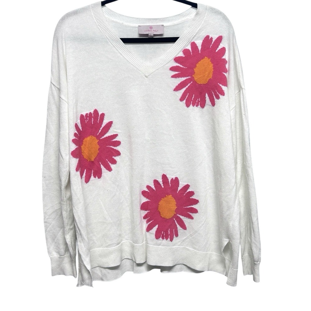 Laurie Felt Sweater White Cashmere Blend Daisy Floral V Neck XL Flowers Cozy